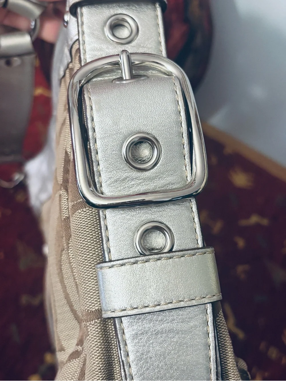 Coach Brown Signature Canvas Shoulder Bag with Silver Trim